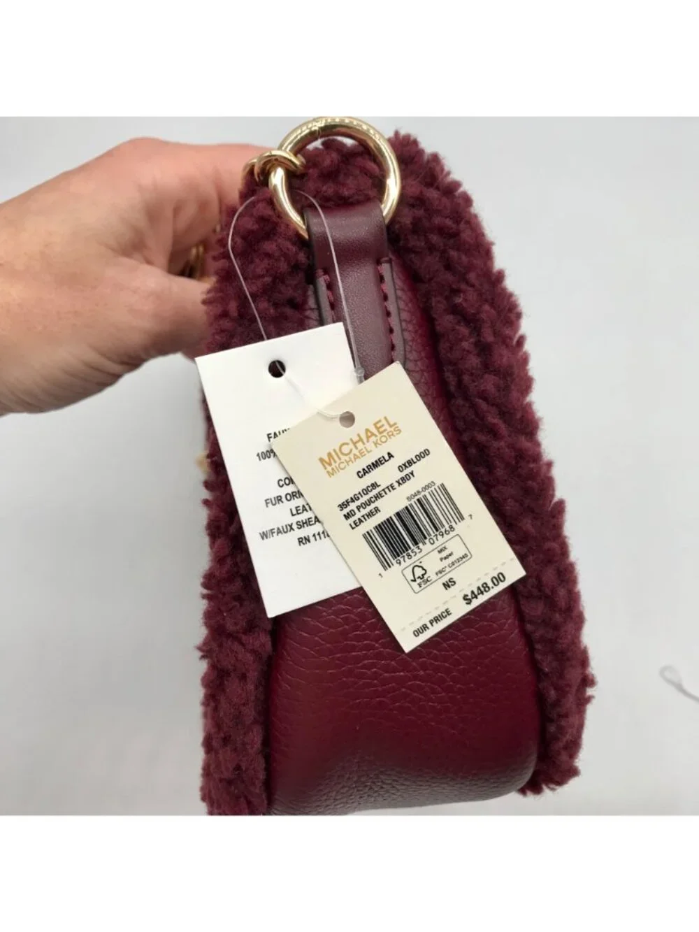 Michael Kors Oxblood Pebbled Leather Carmela Pouchette Crossbody Bag